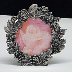 Vintage Pewter Picture Frame Round Rose Design Decorative Tabletop Display